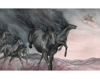 Storm-Watercolor Art Print, Fantasy Art, Nature Art Print, Storm Painting, Horses Running Painting, Horses Art, Wild Horses Painting