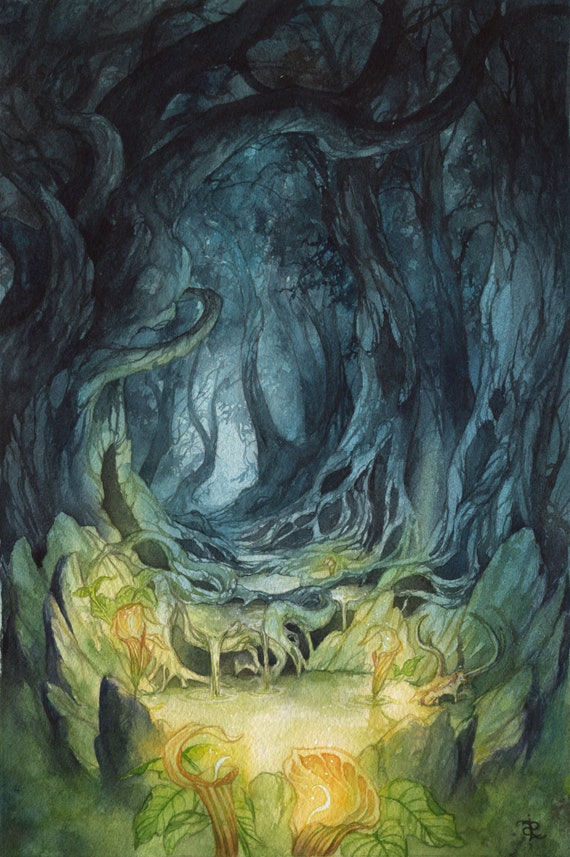 Solitude- Watercolor Art Print, Fantasy Art, Fae Art, Mystical Art, Forest Painting, Moon Painting, Lanterns Painting