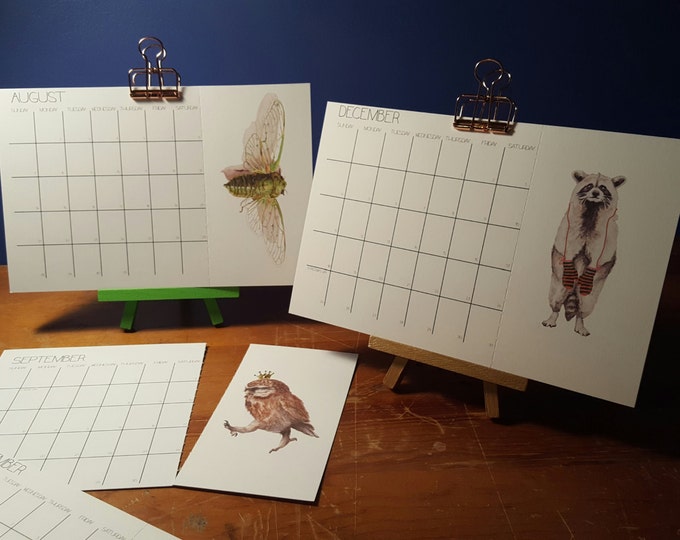 A Charming Small 12 month Calendar and Easel , with watercolored animals