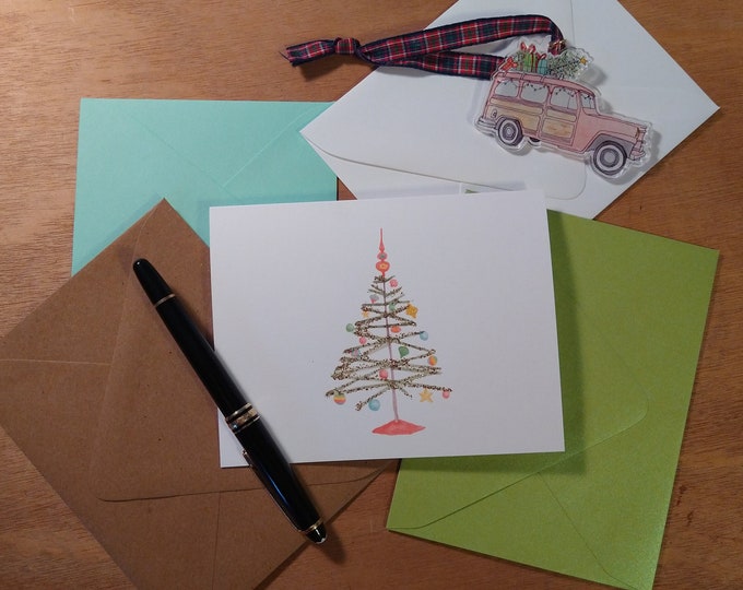 Retro Christmas Tree 10 pack of folded note cards