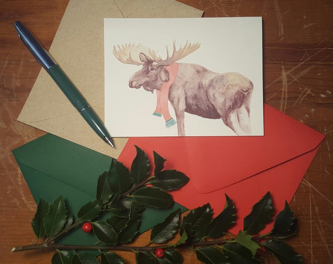 Moose with his scarf on folded note card with your choice of envelope color.