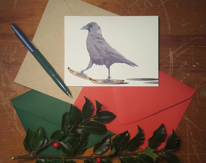 Snowshoeing Crow 10 pack of folded note cards with your choice of envelope color.