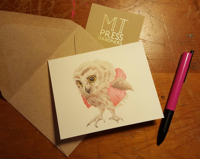 Owl in a puffy vest folded note card with your choice of envelope color.