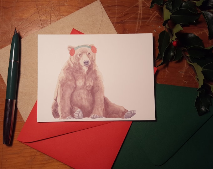 Bear wearing earmuffs folded note card with your choice of envelope color.