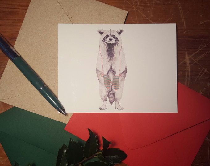 Raccoon warm in mittens folded note card with your choice of envelope color.