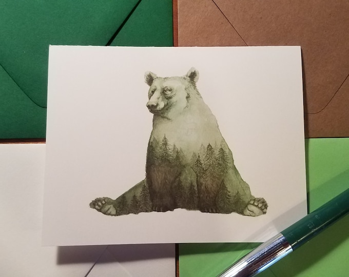 Green Forest Bear   Holiday Folded Note Single Card