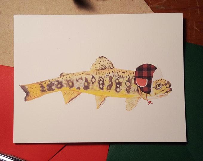 Trout in hunting hat 10 pack of folded note cards with your choice of envelope color.