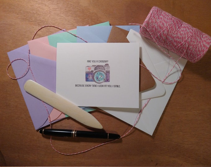 Are You A Camera?  Pick Up Line Valentines Day 10 pack of folded note cards