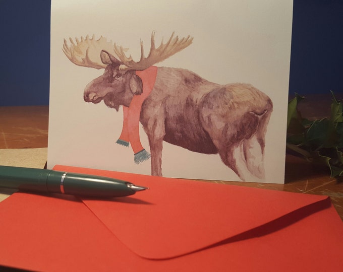 Moose with his scarf on 10 pack of folded note cards with your choice of envelope color.