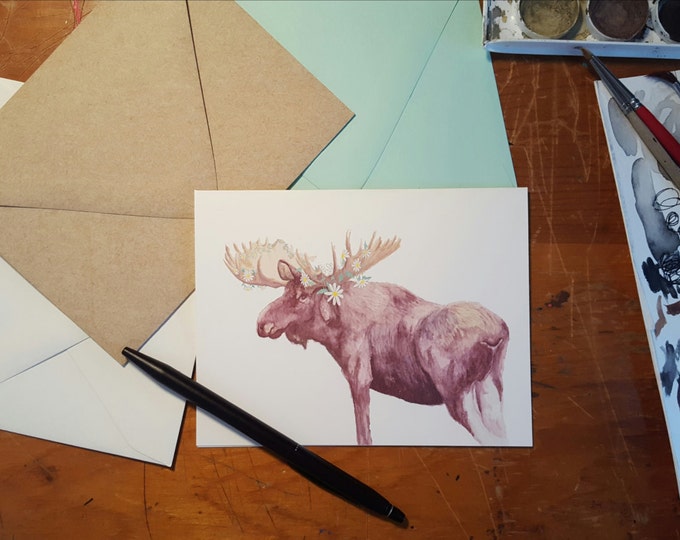 Moose wearing a Daisy Crown 10 pack of folded note cards with your choice of envelope color.