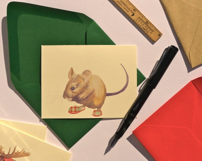 Mouse in house slippers folded note card with your choice of envelope color.