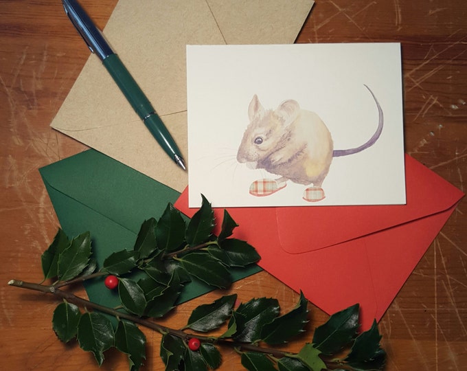 Mouse in house slippers 10 pack of folded note cards with your choice of envelope color.