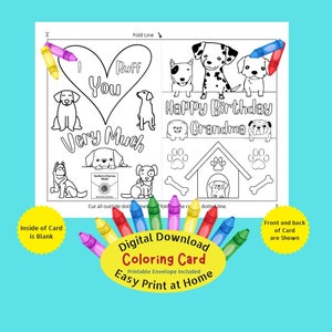 Carte de coloriage joyeux anniversaire grand-mère - chiens - chiots, téléchargement numérique, impression à la maison, carte de dernière minute des enfants