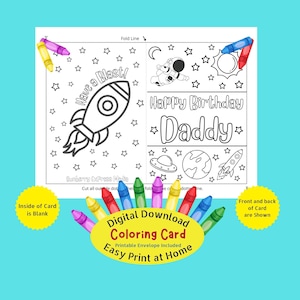 Gelukkige verjaardag papa kleurkaart - ruimte - zonnestelsel, digitale download, thuis afdrukken, last-minute kaart van kinderen