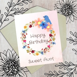 Joyeux anniversaire Sweet tante imprimable carte - Floral Design - Télécharger, imprimer à la maison, carte de dernière minute, carte d'anniversaire pour tante - vide à l'intérieur