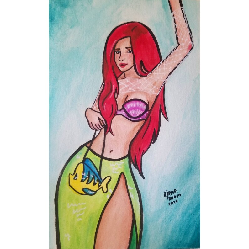 6.5 x 11 inch Kylie Jenner as Ariel Fashionista Original Watercolor