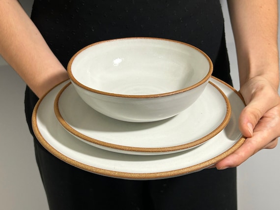 Dinnerware, Stoneware 3 piece place setting, white, modern farmhouse, raw clay rim, handmade pottery, Dinner, lunch, Plate, Bowl