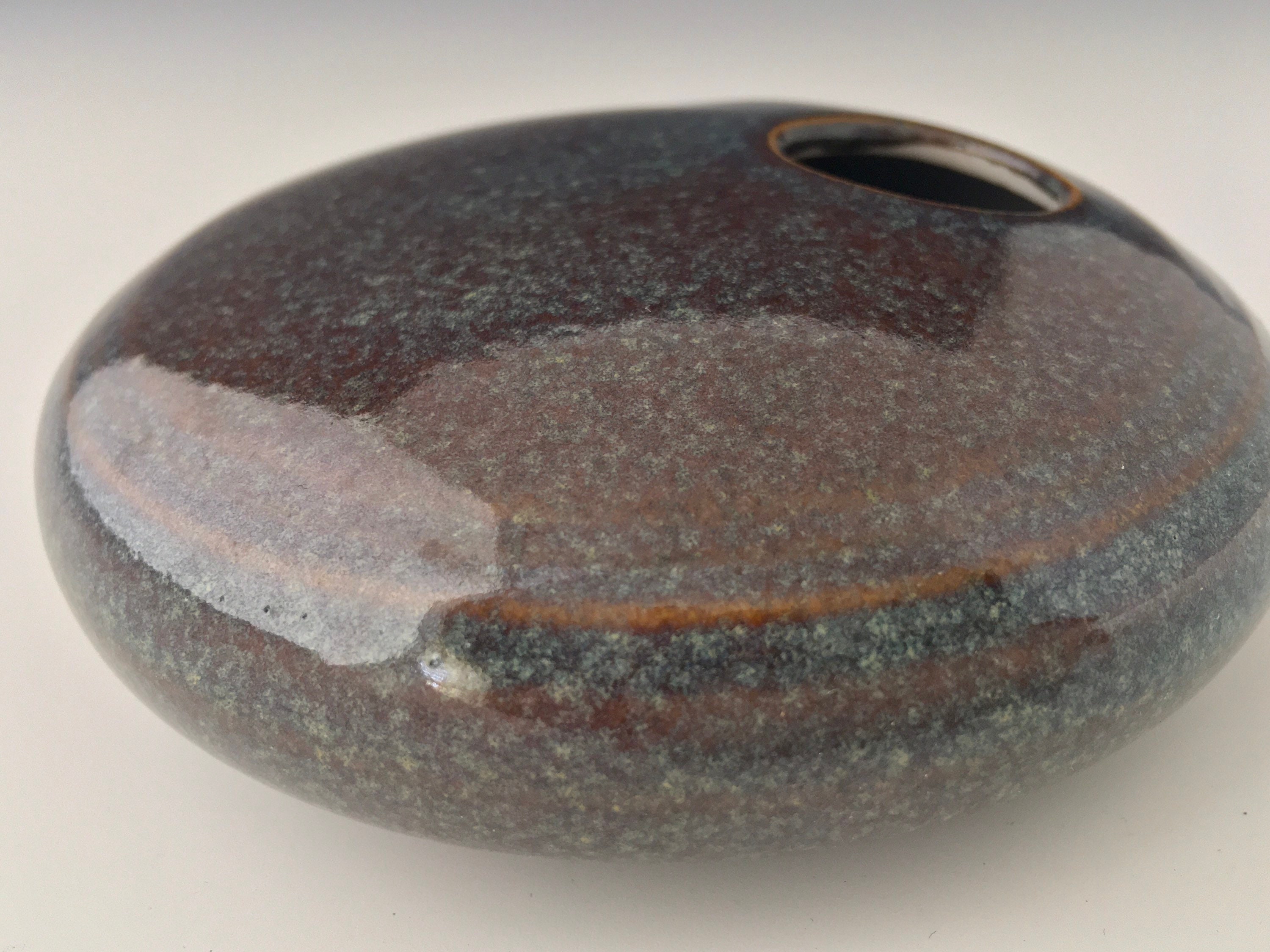 Ikebana Flower vase, porcelain pottery enclosed form with flower frog