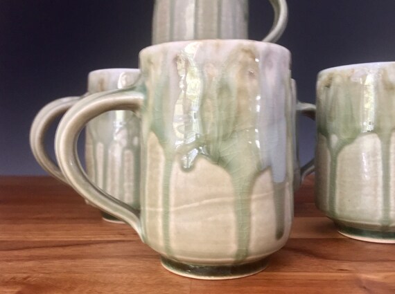 Handmade Pottery Mug, coffee lovers favorite mug, high fired porcelain, green art melt glaze, coffee mug, tea cup use for hot or cold