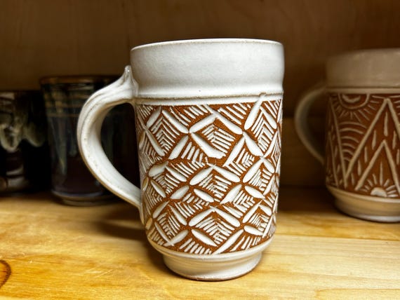 Mug, coffee cup, carved reveal, stoneware, white glaze, hand made pottery, large, coffee lovers gift.