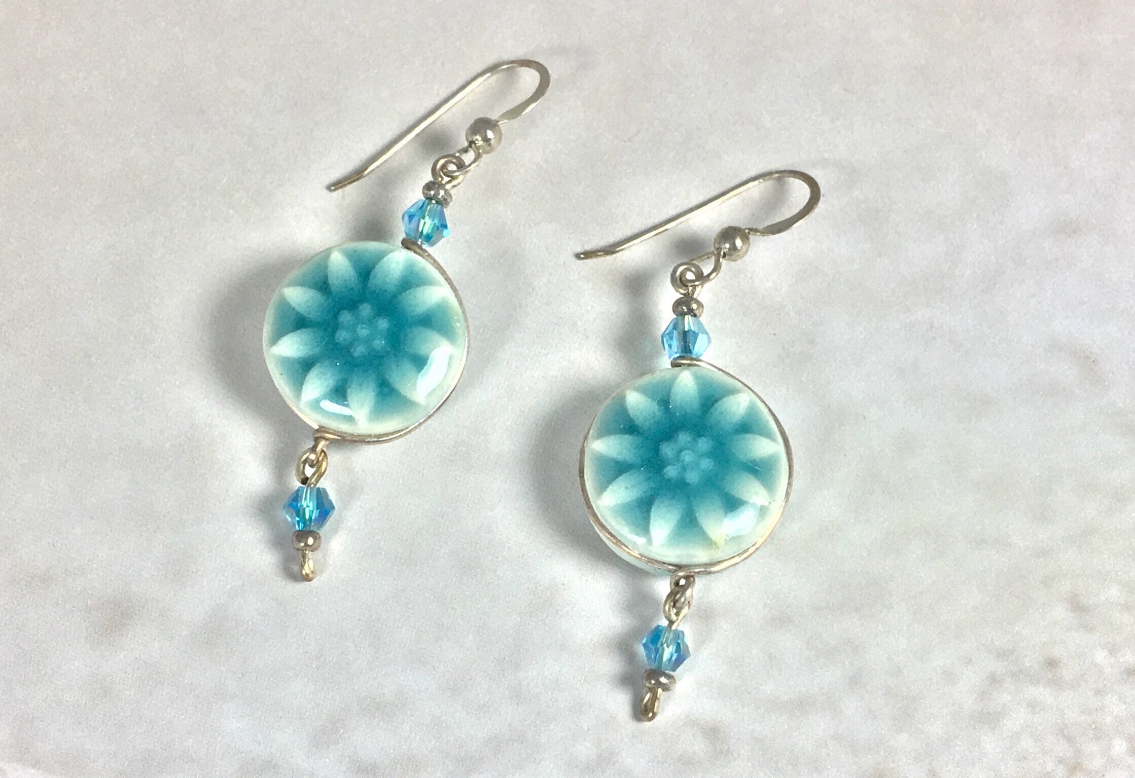 Porcelain Button earrings, Double sided sunflower earrings, Sea foam