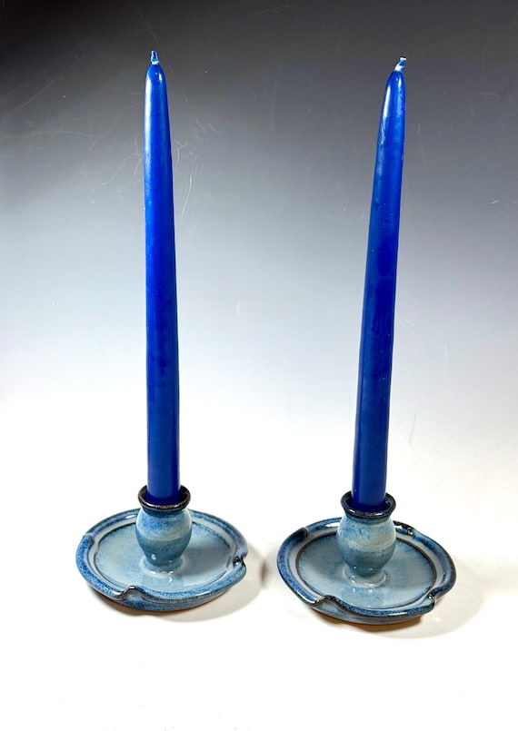 Candle Stick Holder pair, handmade Blue glazed stoneware pottery