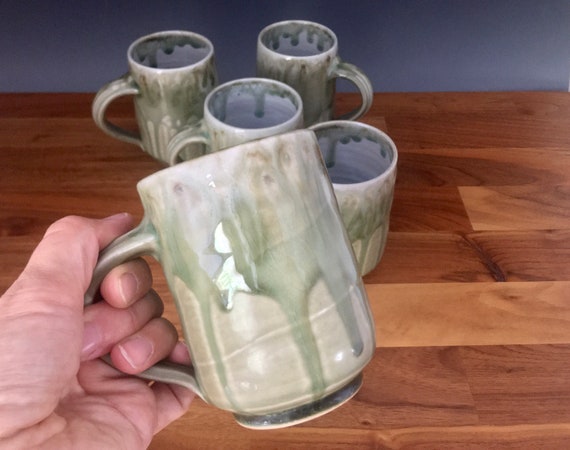Handmade Pottery Mug, coffee lovers favorite mug, high fired porcelain, green art melt glaze, coffee mug, tea cup use for hot or cold