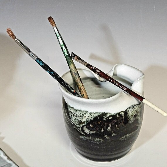 Paintbrush water cup, pottery brush holder and water jar, brush rest, painters water rinse cup, gift for artist.