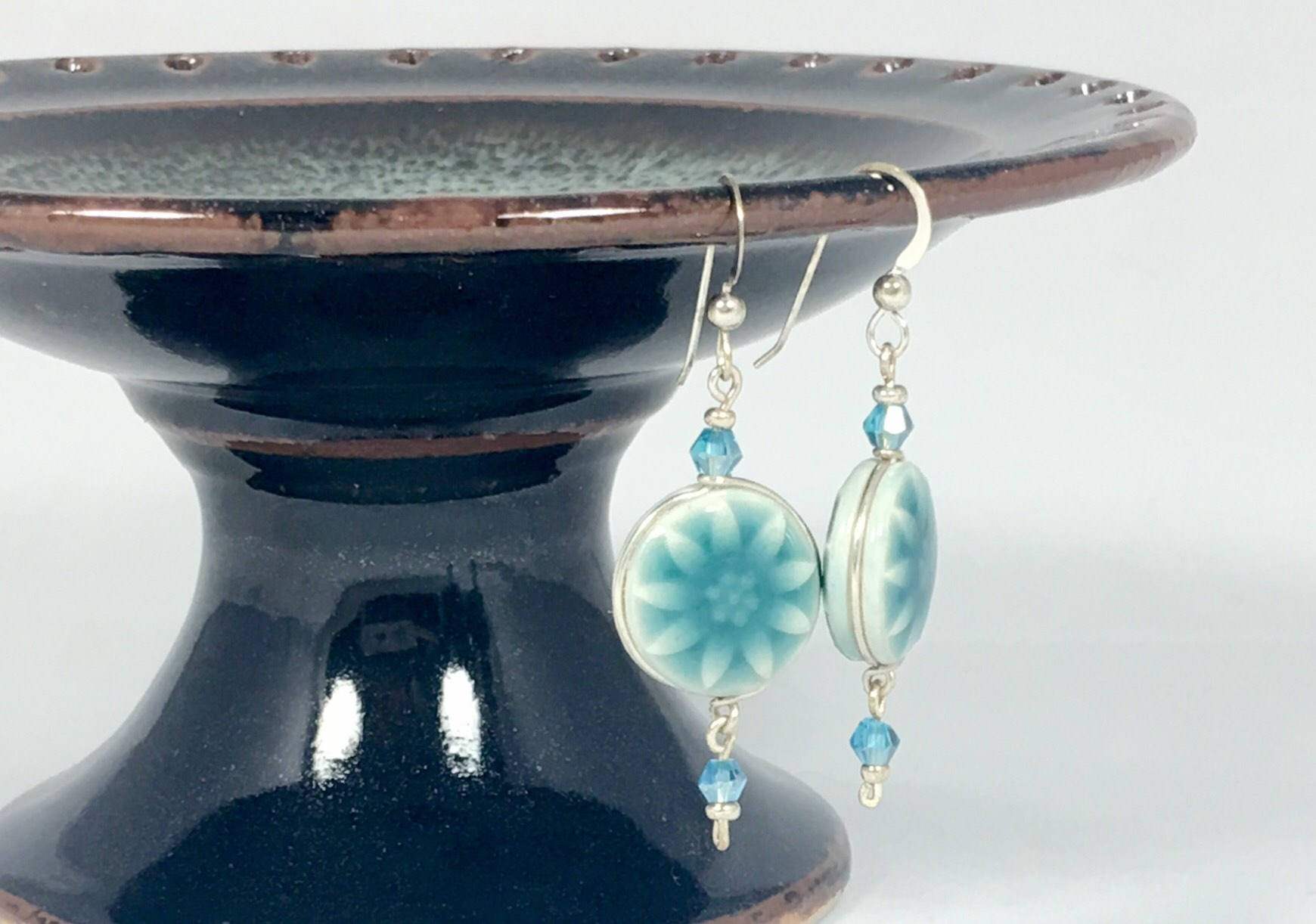 Porcelain Button earrings, Double sided sunflower earrings, Sea foam