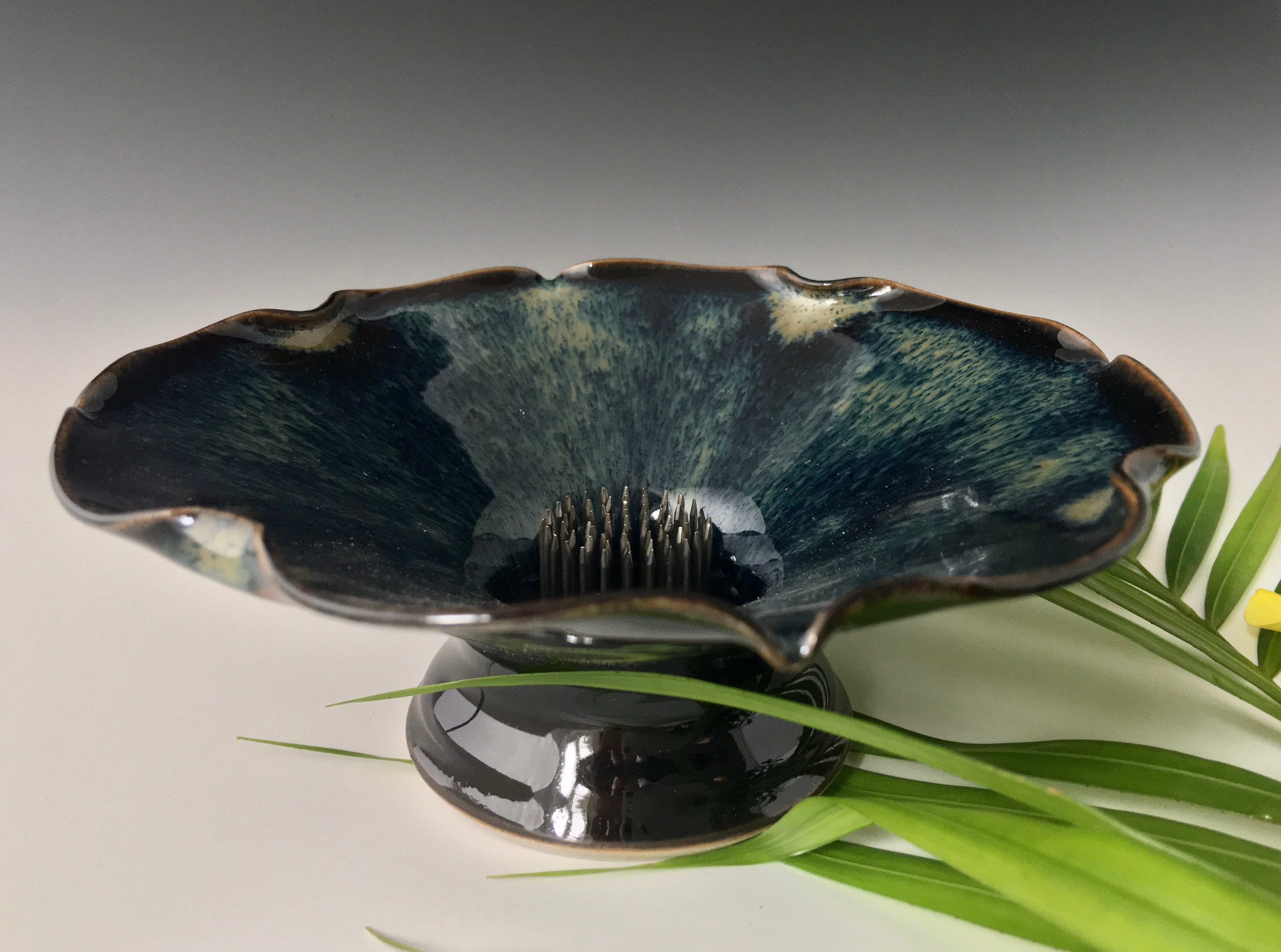 Japanese Style Ikebana Vase with floral Frog, Flower Arranging Open