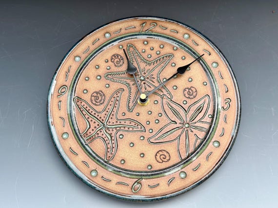 Starfish Wall Clock, Beach House themed, Carved Coastal design, Ceramic Time Piece