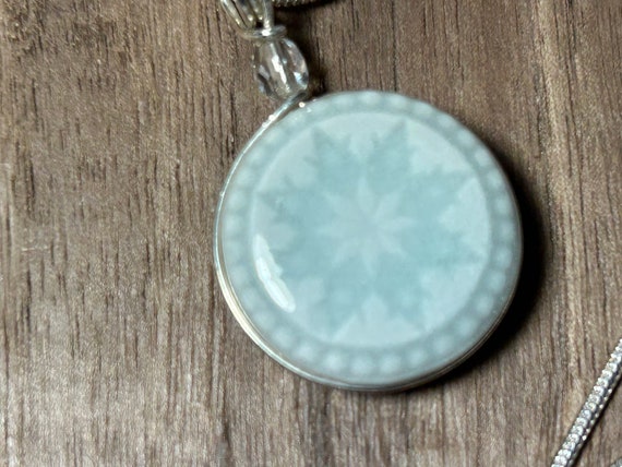 Porcelain pendant-button jewelry-button necklace-double sided bead-celadon glaze-silver wire wrapped-handmade ceramic pendant