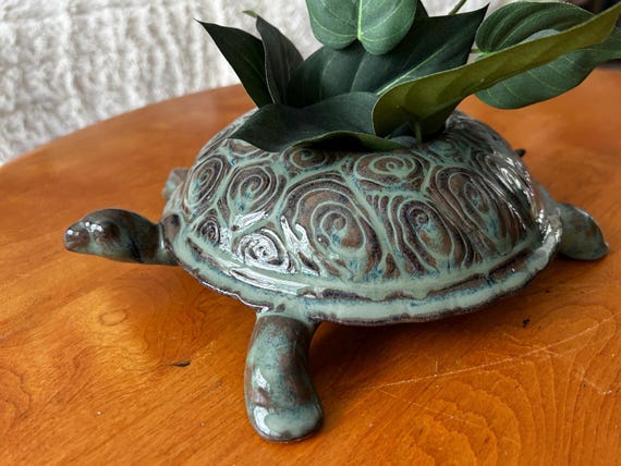 Turtle Planter: Handmade Green Glazed Tortoise Garden Bowl, Stoneware garden pottery