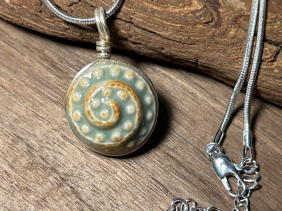 Nautilus Porcelain pendant-button jewelry-button necklace-double sided bead-celadon glaze-silver wire wrapped-handmade ceramic pendant