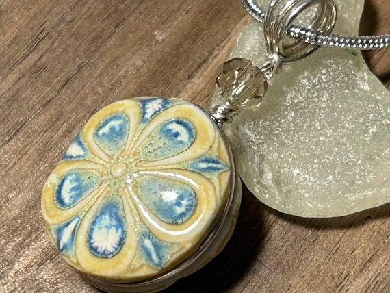 Porcelain pendant-button jewelry-button necklace-double sided bead-celadon glaze-silver wire wrapped-handmade ceramic pendant
