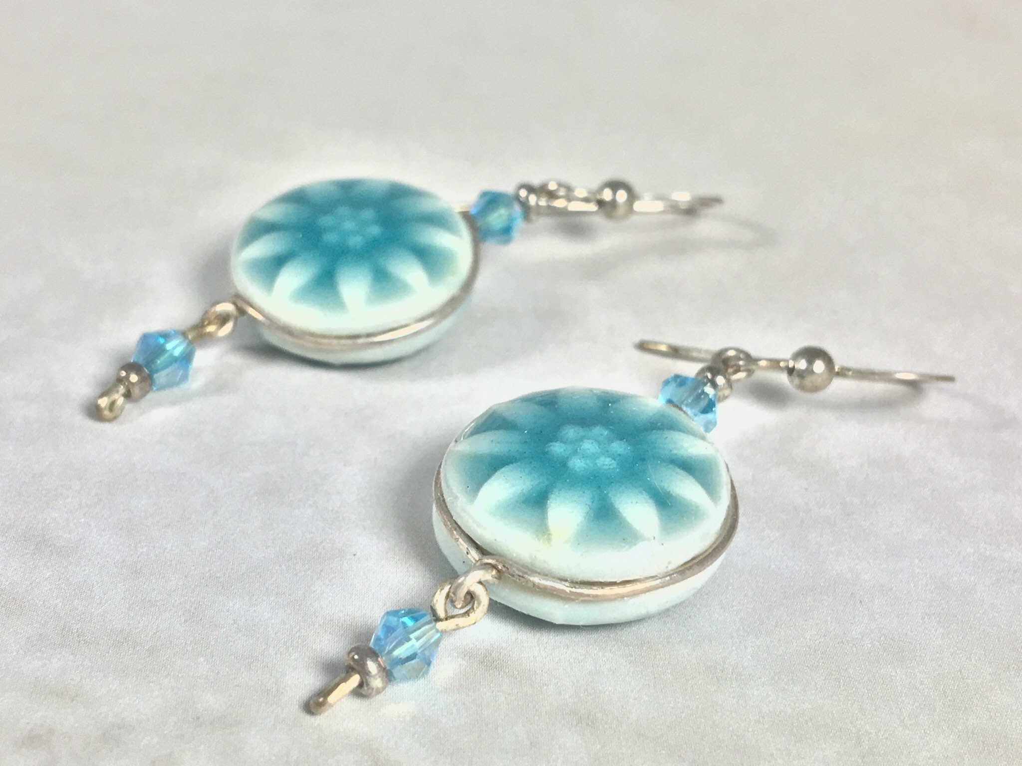 Porcelain Button earrings, Double sided sunflower earrings, Sea foam