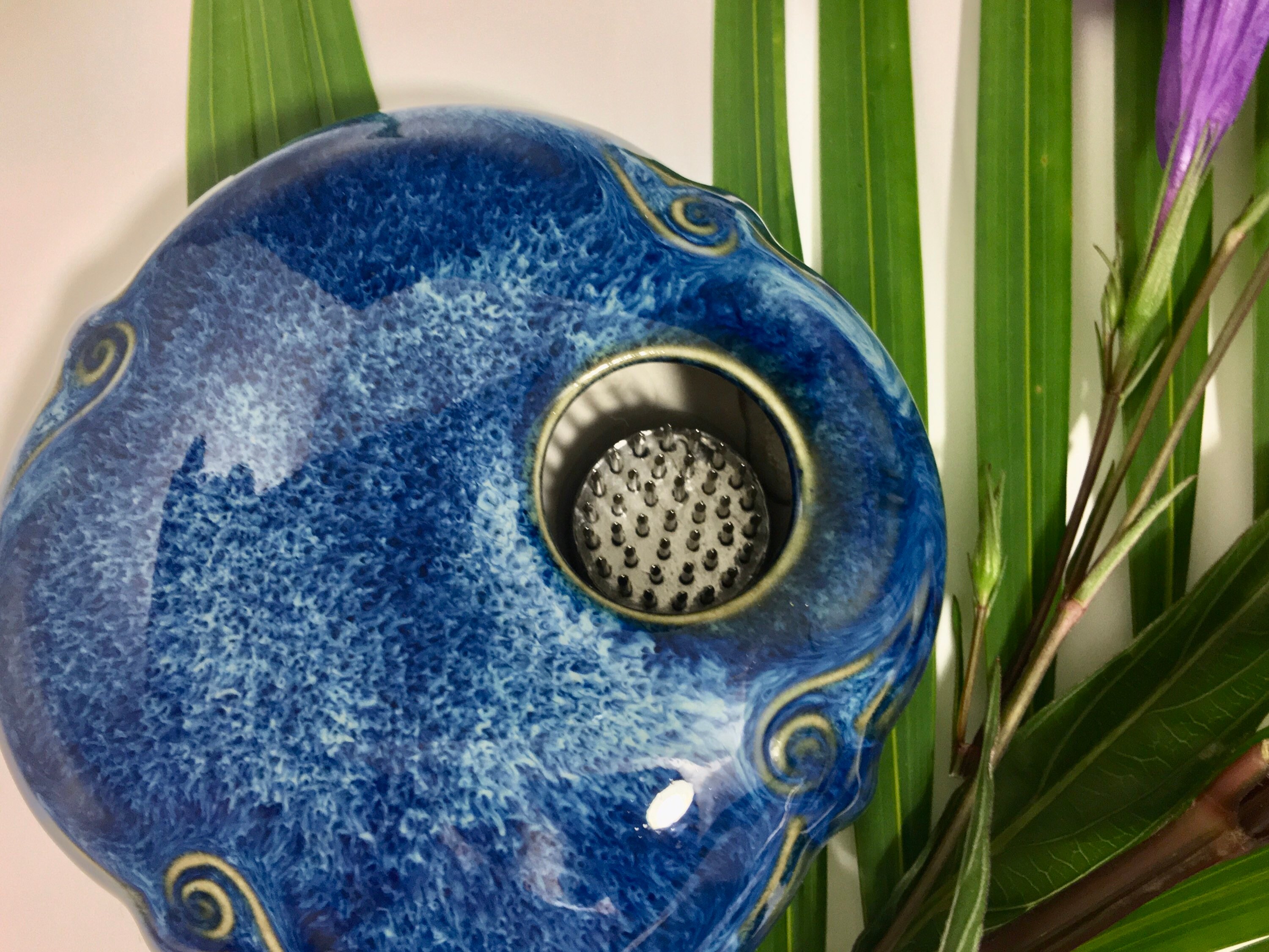 Ikebana Flower vase, porcelain open bowl with flower frog, permanently