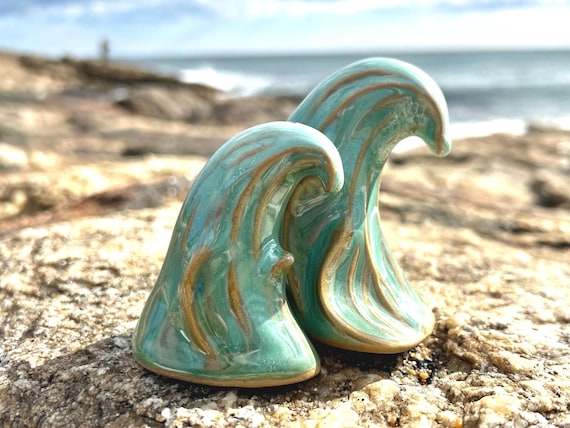 Handmade Stoneware Wave Salt and Pepper Shakers set Coastal Tableware