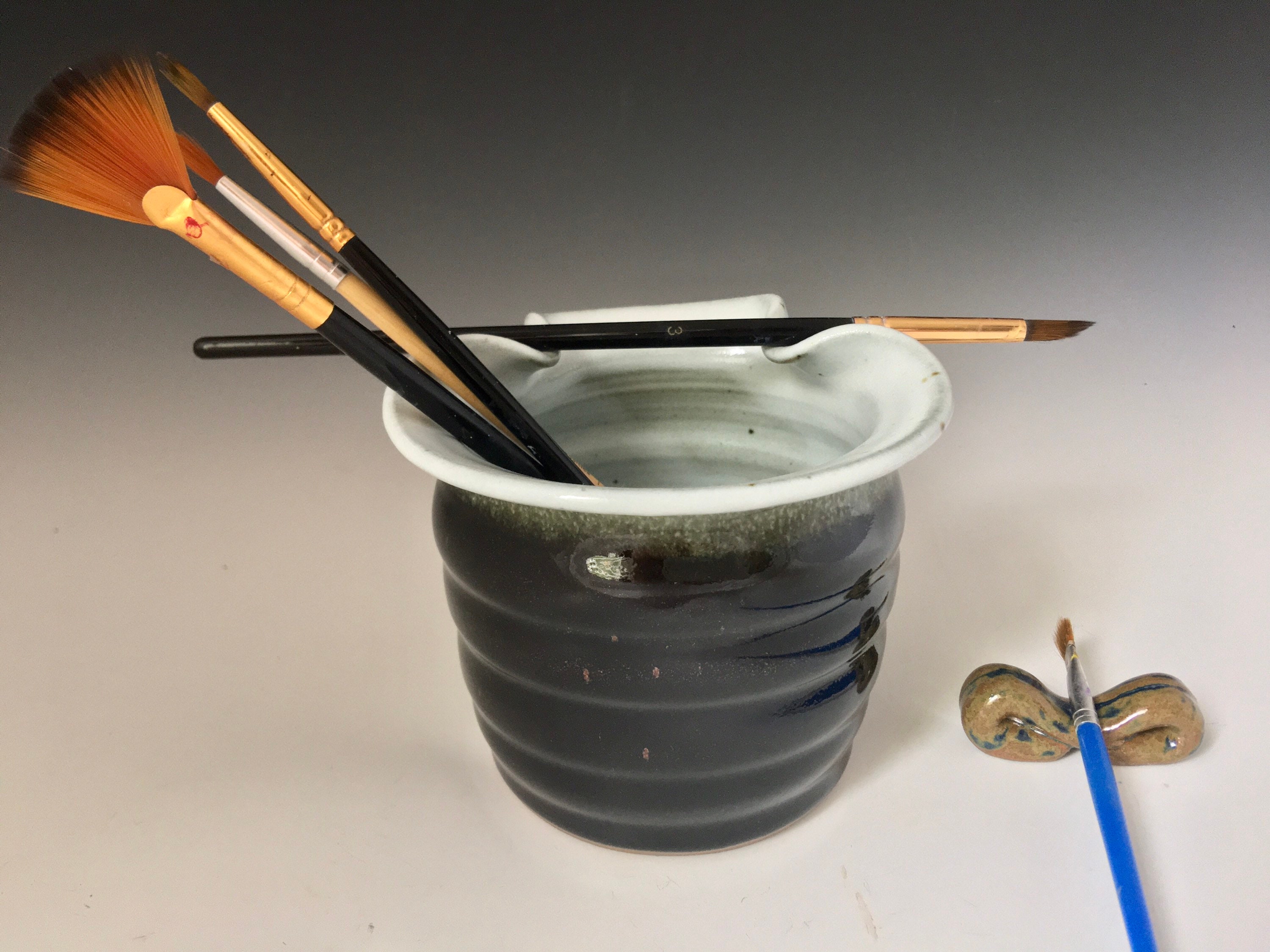 Paint brush, rinse cup with brush rest, rinsing water jar, Art Pottery for the artist, Gift for