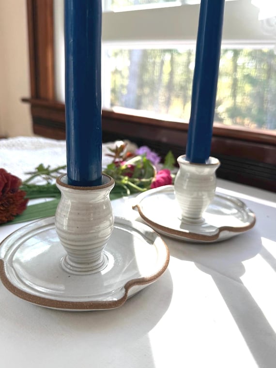 Candle Stick Holder pair, Farmhouse White pottery for tapered candles