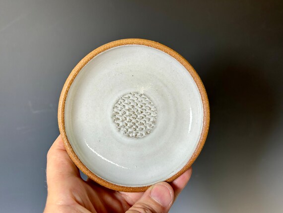 Garlic Grater Plate, Grate, Garlic, Ginger, herb, Mincing Dish, white glaze, handmade stoneware pottery, dipping, sauce dish