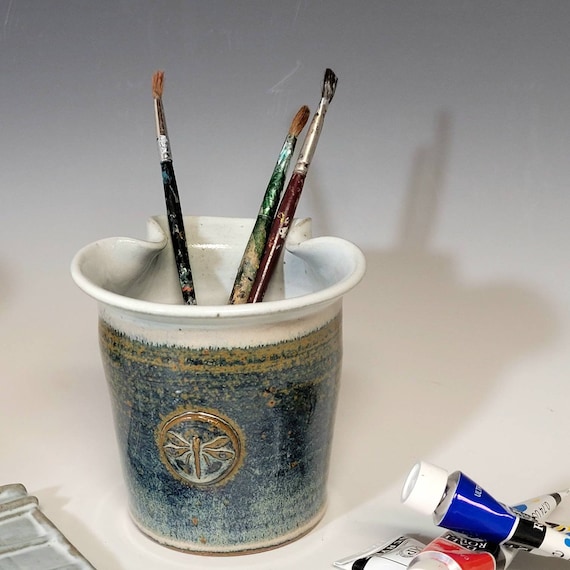 Paintbrush water cup, Dragonfly brush holder and water jar, rimmed brush rest paint water rinse container, artist gift.