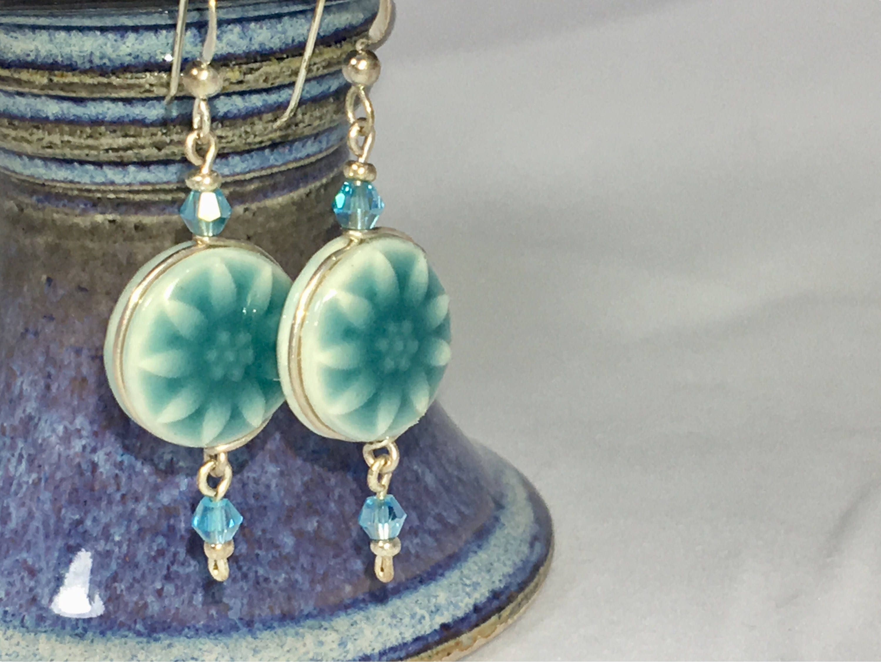 Porcelain Button earrings, Double sided sunflower earrings, Sea foam