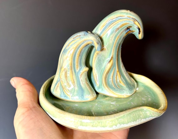 Epic Wave gift set, spoon rest and salt and pepper set, Stoneware, seafoam, green Nesting Wave, salt and pepper set with spoon rest gift
