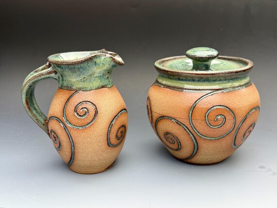 Cream and Sugar Set, Handmade Stoneware pottery,  Green Glaze