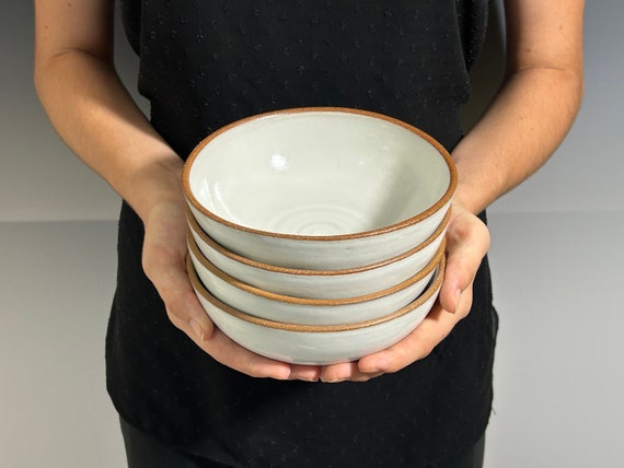 Dinner Bowl, soup, cereal, salad bowl, Dinnerware, Stoneware, white glaze, raw clay rim, handmade pottery, farmhouse style, Ceramic bowl