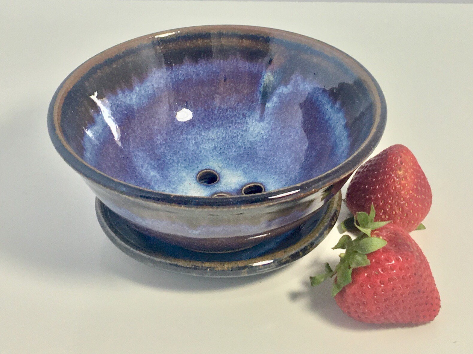 Berry bowl with catch plate saucer, handmade pottery fruit colander and