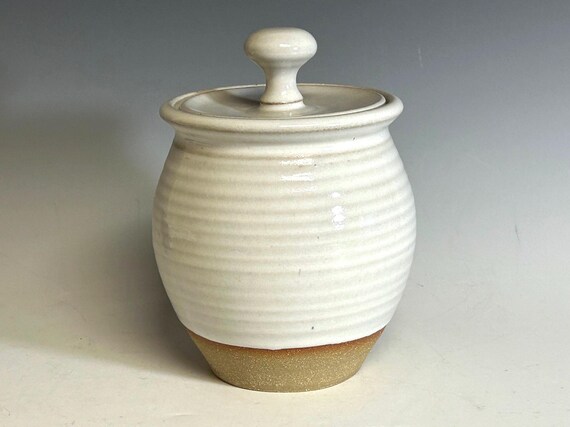 Sugar Jar, farmhouse style White storage container, Handmade Stoneware pottery, pet treat keeper