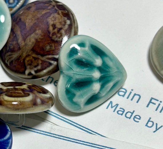 Porcelain buttons, heart design, celadon glaze, handmade pottery button, shank back ceramic button