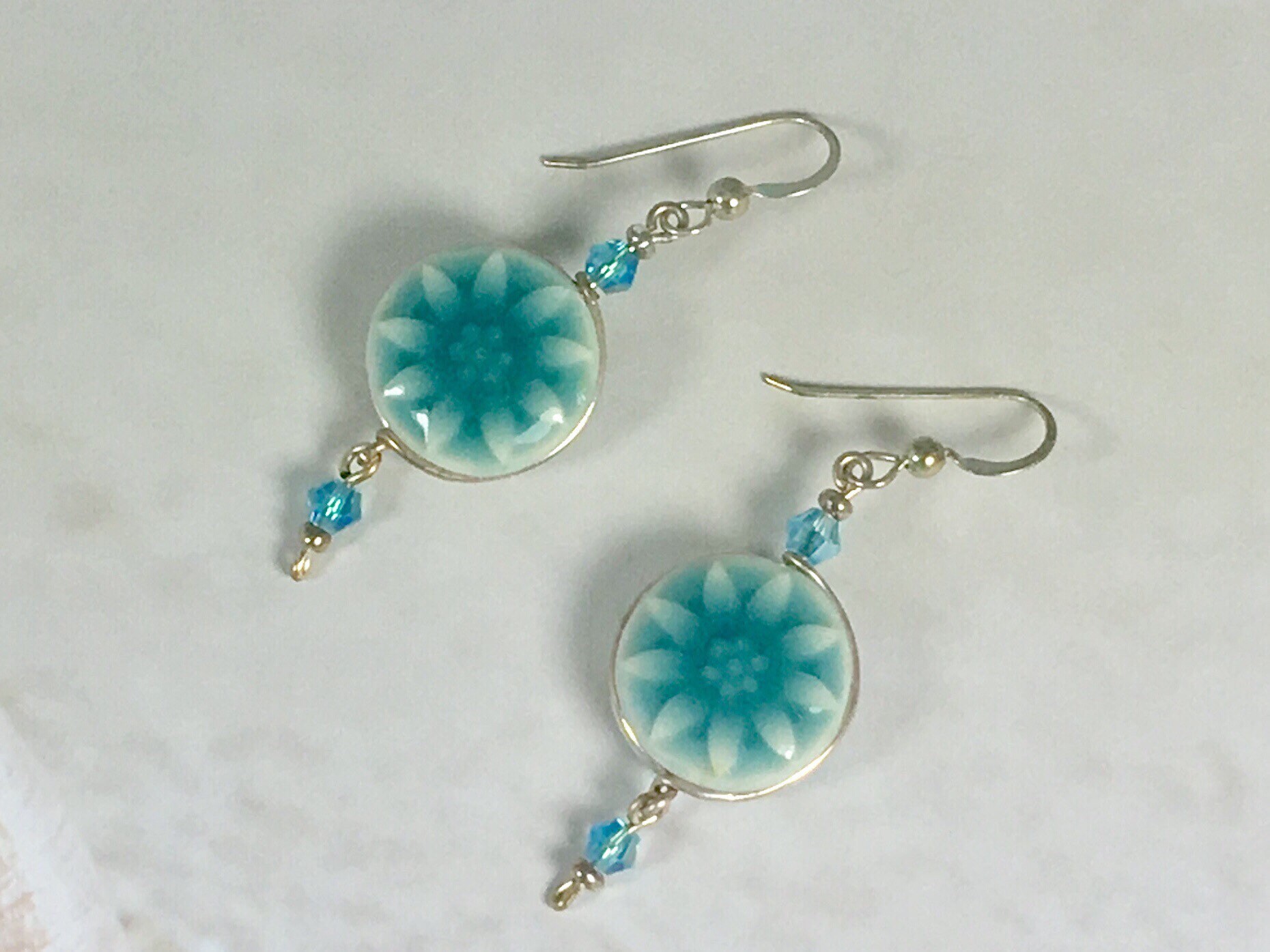 Porcelain Button earrings, Double sided sunflower earrings, Sea foam